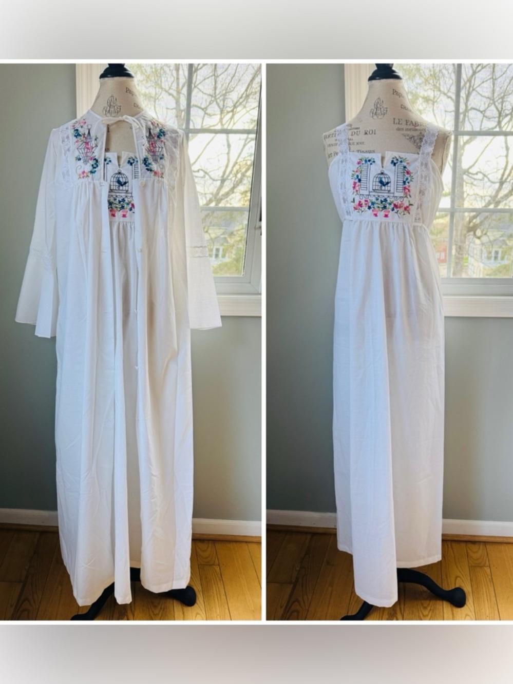 Sears Vintage embroidered bird floral cotton gown and duster set NWOT small‎